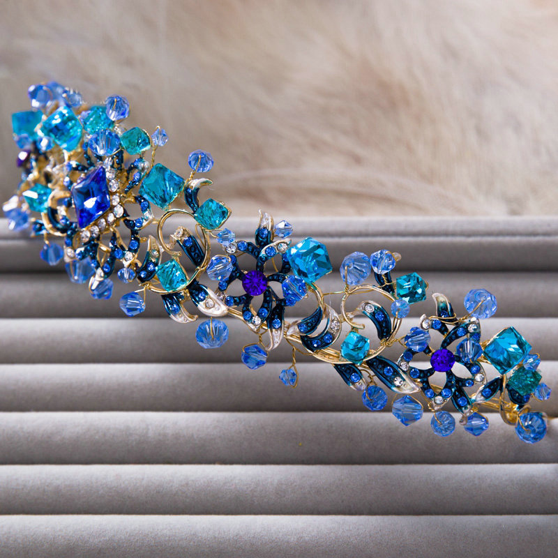 Elegant Retro Wedding Jewelry Flower Blue Crystal Beads Tiaras Bridal Rhinestone Hair Hoop Accessories