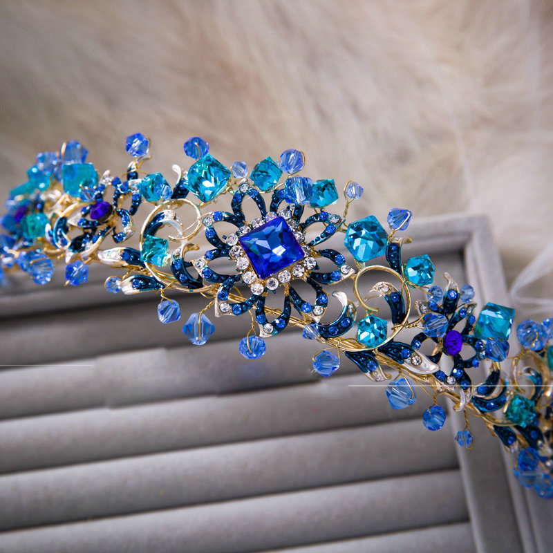 Elegant Retro Wedding Jewelry Flower Blue Crystal Beads Tiaras Bridal Rhinestone Hair Hoop Accessories