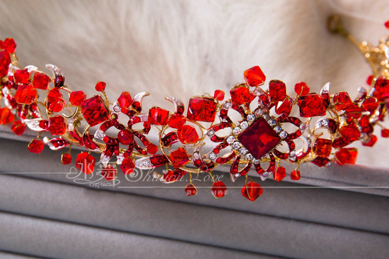 Elegant Retro Wedding Jewelry Flower Red Crystal Beads Tiaras Bridal Rhinestone Hair Hoop Accessories