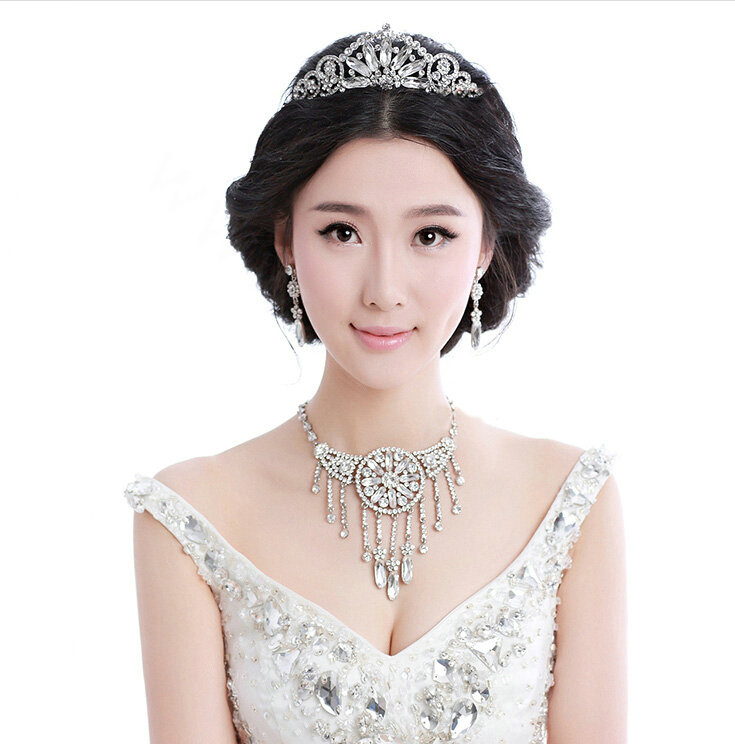 Elegant Wedding Jewelry Sets for Bridal Crystal Tiara & Earrings & Rhinestone Tassel Necklace