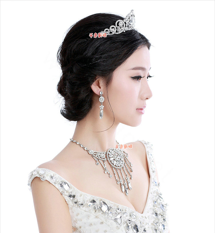 Elegant Wedding Jewelry Sets for Bridal Crystal Tiara & Earrings & Rhinestone Tassel Necklace