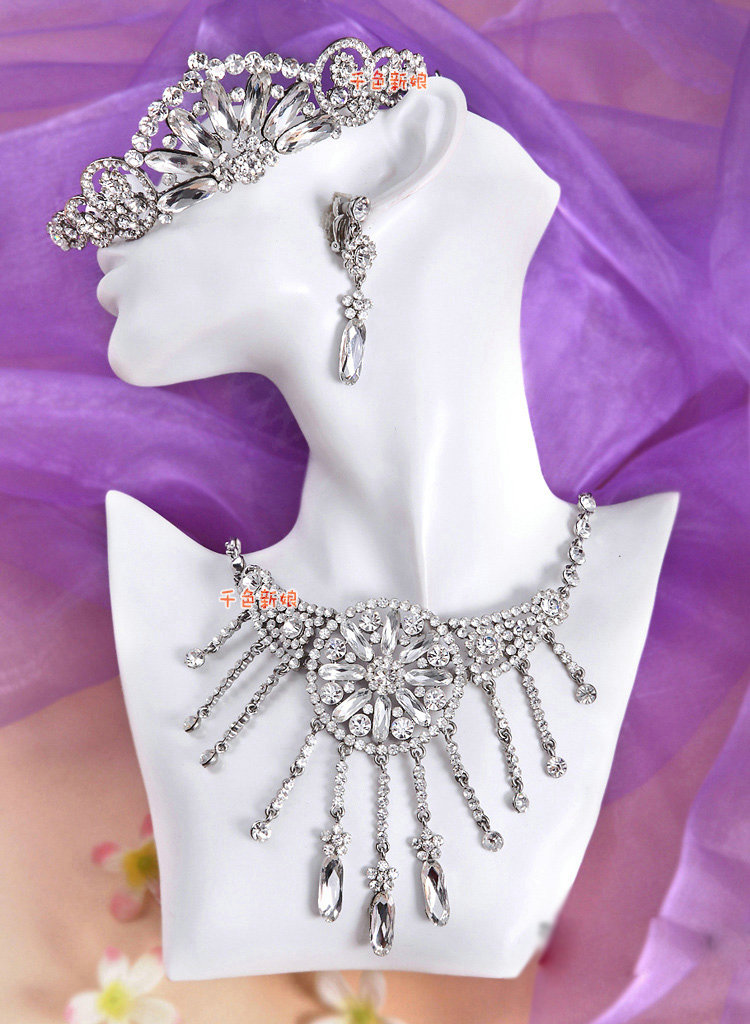 Elegant Wedding Jewelry Sets for Bridal Crystal Tiara & Earrings & Rhinestone Tassel Necklace