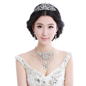 Elegant Wedding Jewelry Sets for Bridal Crystal Tiara & Earrings & Rhinestone Tassel Necklace