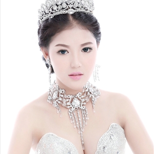 Elegant Wedding Jewelry Sets for Bridal Rhinestone Big Tiara & Earrings & Crystal Tassel Necklace