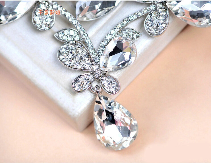 Elegant Wedding Jewelry Sets for Bridal Rhinestone Tiara & Earrings & Crystal Butterfly Necklace
