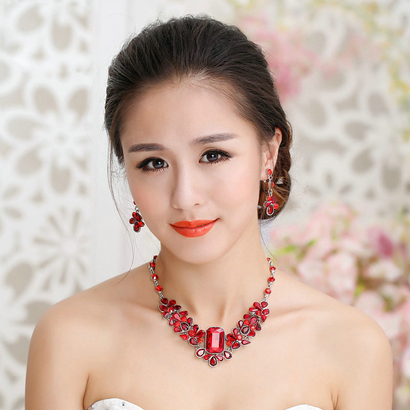 Fashion Retro Wedding Jewelry Sets Red Gemstone Flower Crystal Earrings & Bridal Necklace