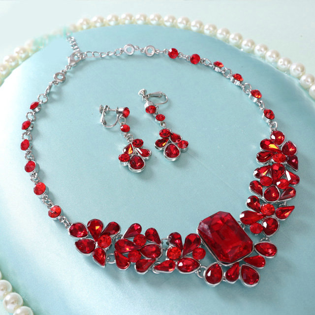 Fashion Retro Wedding Jewelry Sets Red Gemstone Flower Crystal Earrings & Bridal Necklace