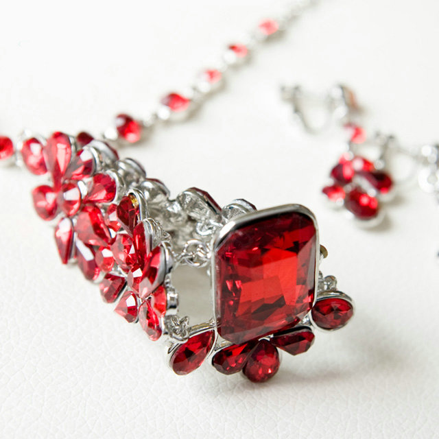 Fashion Retro Wedding Jewelry Sets Red Gemstone Flower Crystal Earrings & Bridal Necklace