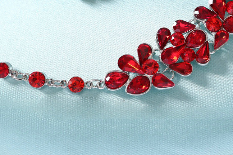 Fashion Retro Wedding Jewelry Sets Red Gemstone Flower Crystal Earrings & Bridal Necklace