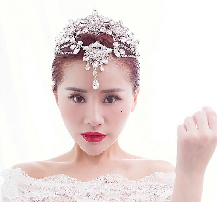 Fashion Unique Wedding Jewelry Sets Flower Crystal Tiara & Earrings & Bridal Tassel Necklace