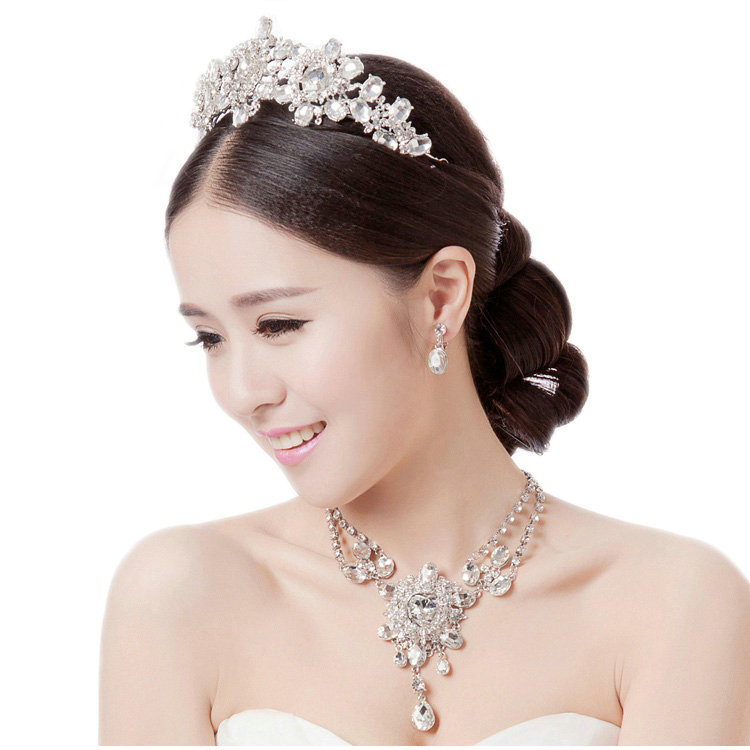Fashion Unique Wedding Jewelry Sets Flower Crystal Tiara & Earrings & Bridal Tassel Necklace