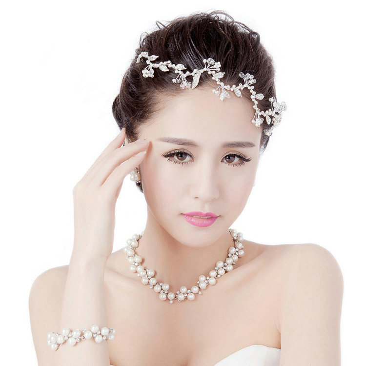 Fashion Wedding Jewelry Sets Flower Crystal Beads Tiara & Earrings & Bridal Pearl Necklace & Bracelet