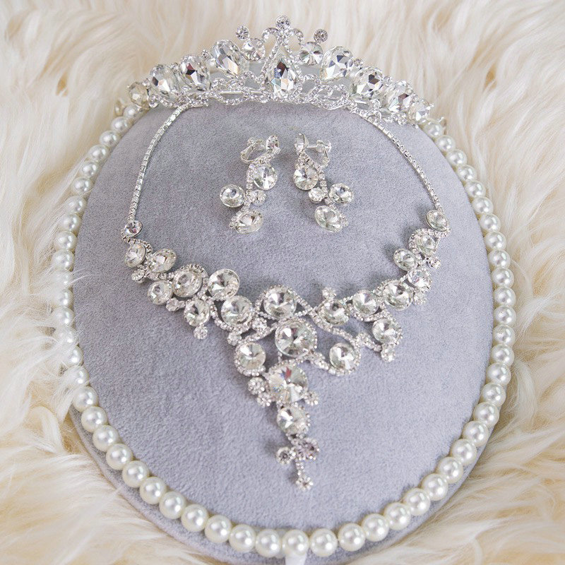Fashion Wedding Jewelry Sets Flower Crystal Tiara & Earrings & Bridal Rhinestone Necklace