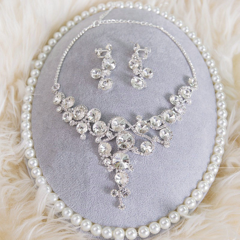 Fashion Wedding Jewelry Sets Flower Crystal Tiara & Earrings & Bridal Rhinestone Necklace