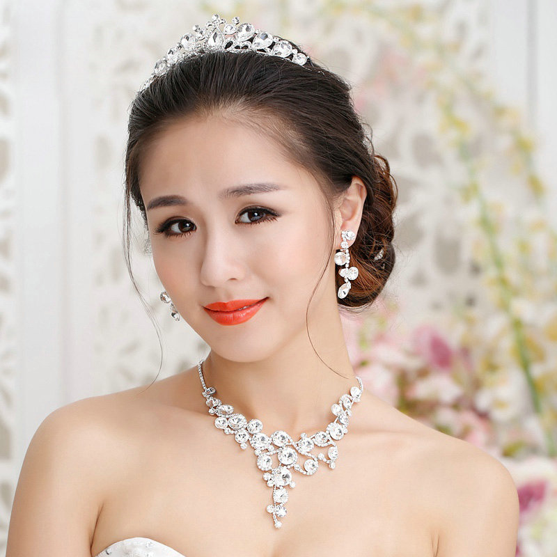 Fashion Wedding Jewelry Sets Flower Crystal Tiara & Earrings & Bridal Rhinestone Necklace