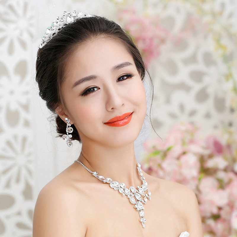 Fashion Wedding Jewelry Sets Flower Crystal Tiara & Earrings & Bridal Rhinestone Necklace