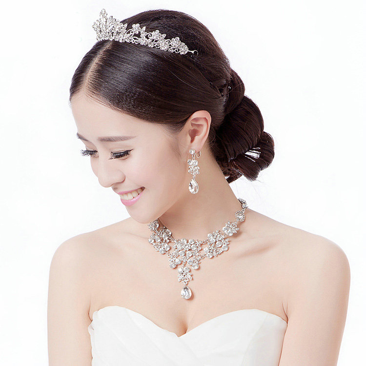 Fashion Wedding Jewelry Sets Hollow Flower Crystal Tiara & Earrings & Bridal Water-drop Necklace