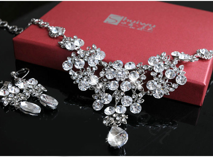 Fashion Wedding Jewelry Sets Hollow Flower Crystal Tiara & Earrings & Bridal Water-drop Necklace