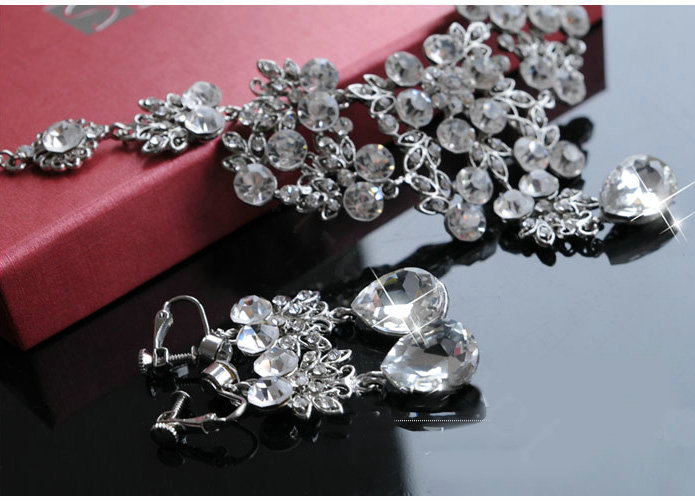 Fashion Wedding Jewelry Sets Hollow Flower Crystal Tiara & Earrings & Bridal Water-drop Necklace