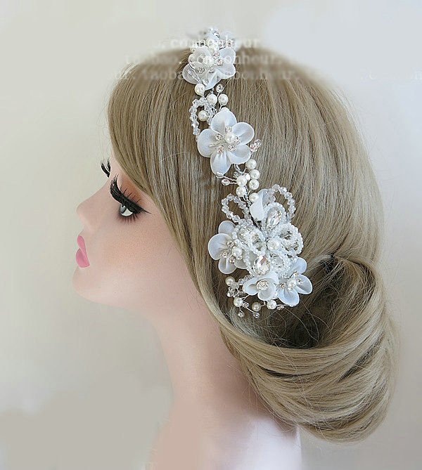 High Quality Crystal beads Bridal Hairwear Pearl Lace Flower Hair Hoop Wedding Hair Accessories