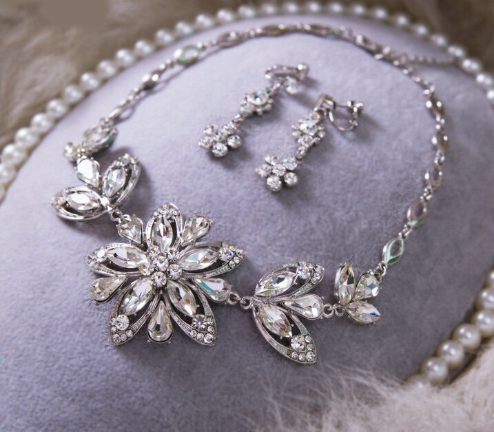 High Quality Fashion Wedding Banquet Jewelry Sets Flower Crystal Earrings & Bridal Necklace