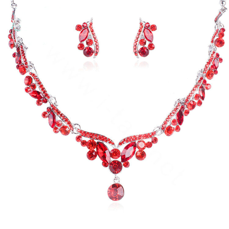 High Quality Fashion Wedding Banquet Jewelry Sets Red Crystal Stud Earrings & Bridal Necklace