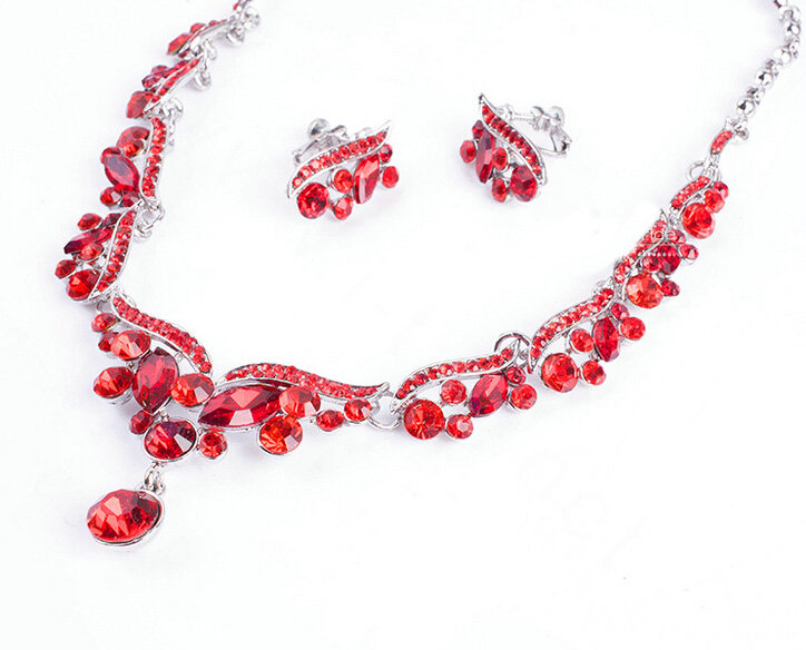High Quality Fashion Wedding Banquet Jewelry Sets Red Crystal Stud Earrings & Bridal Necklace