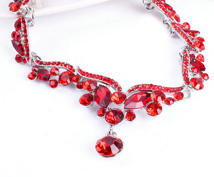 High Quality Fashion Wedding Banquet Jewelry Sets Red Crystal Stud Earrings & Bridal Necklace