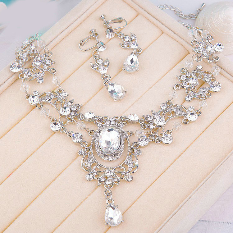 High Quality Fashion Wedding Jewelry Sets Clear Crystal Gemstone Earrings & Bridal Necklace
