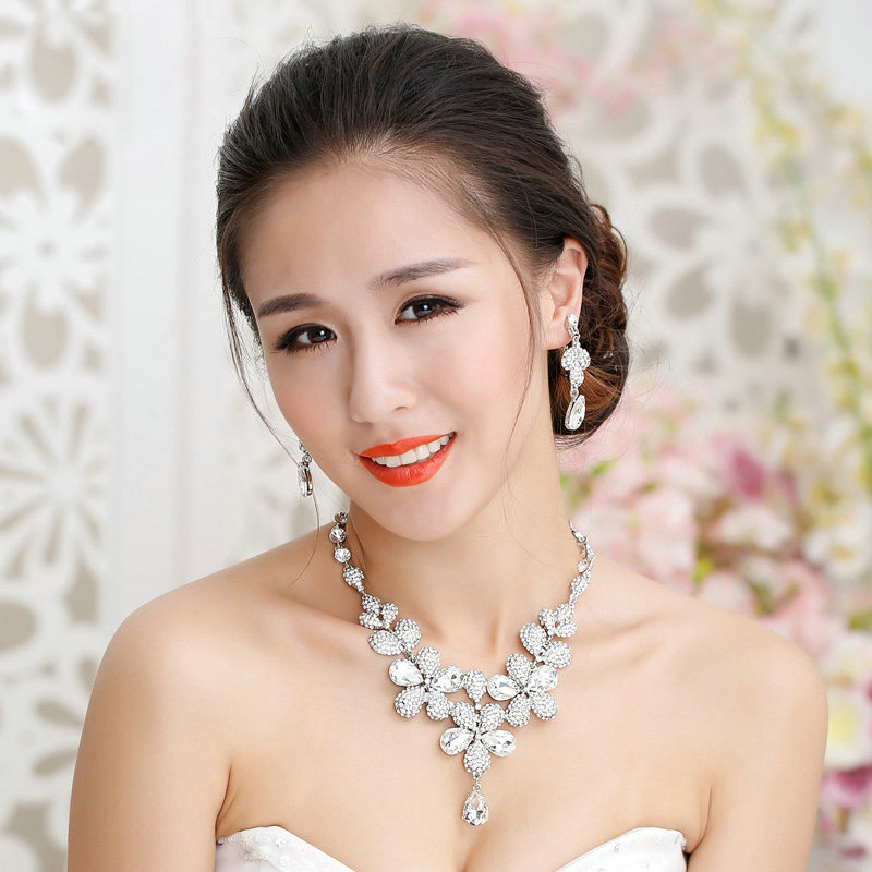 High Quality Fashion Wedding Jewelry Sets Crystal Flower Earrings & Bridal Pendant Necklace