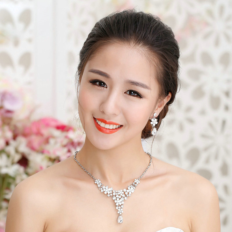 High Quality Fashion Wedding Jewelry Sets Flower Bling Crystal Earrings & Bridal Pendant Necklace