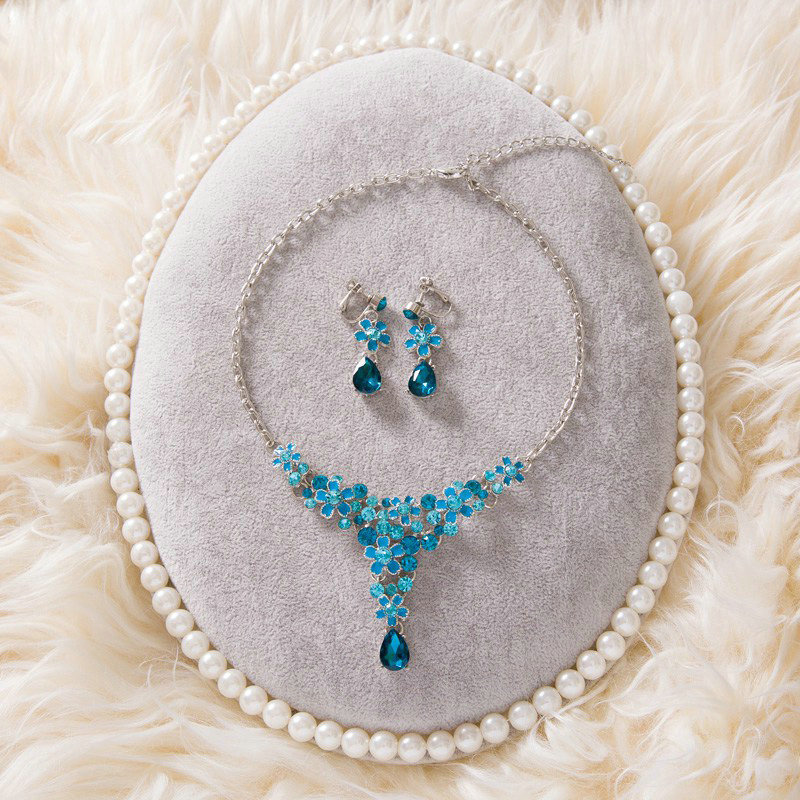 High Quality Fashion Wedding Jewelry Sets Flower Blue Crystal Earrings & Bridal Pendant Necklace