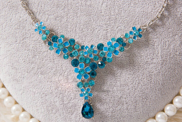High Quality Fashion Wedding Jewelry Sets Flower Blue Crystal Earrings & Bridal Pendant Necklace