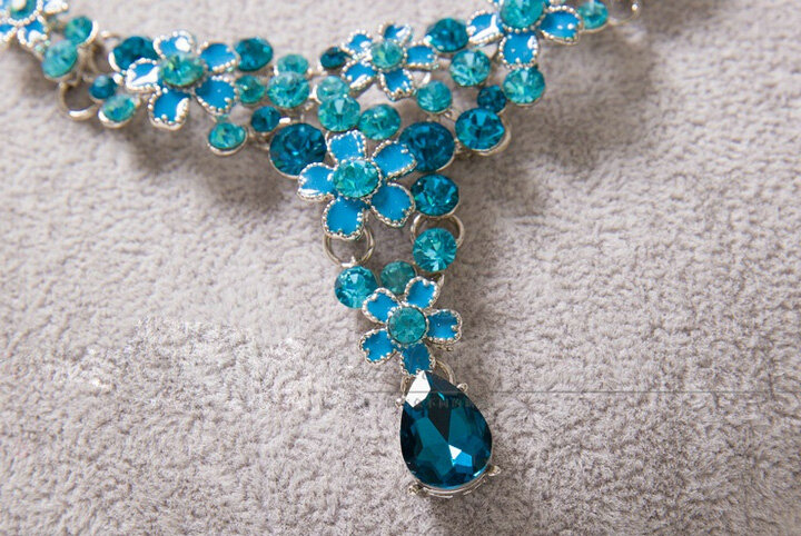 High Quality Fashion Wedding Jewelry Sets Flower Blue Crystal Earrings & Bridal Pendant Necklace