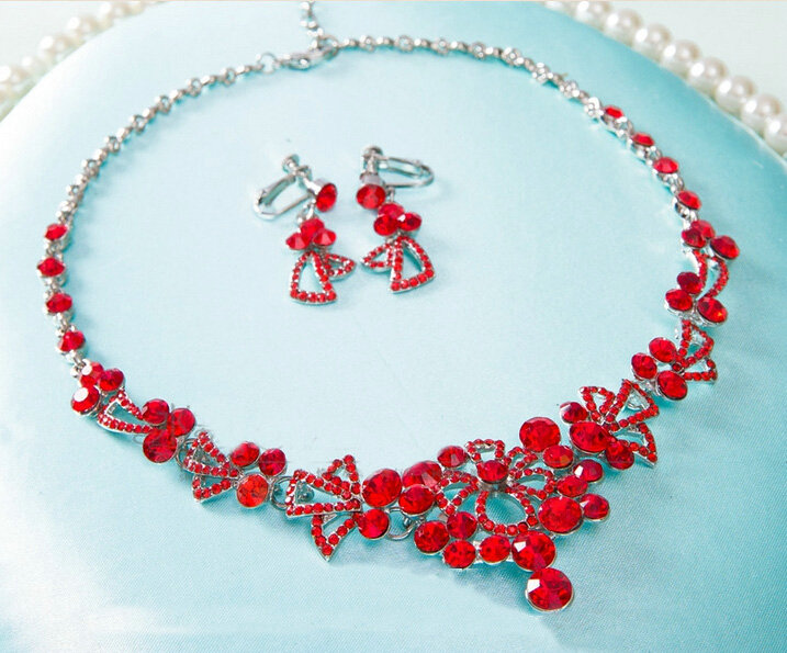 High Quality Fashion Wedding Jewelry Sets Flower Red Crystal Earrings & Bridal Pendant Necklace