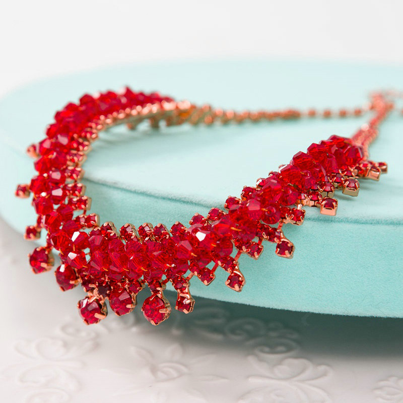 High Quality Fashion Wedding Jewelry Sets Red Crystal Bead Stud Earrings & Bridal Necklace