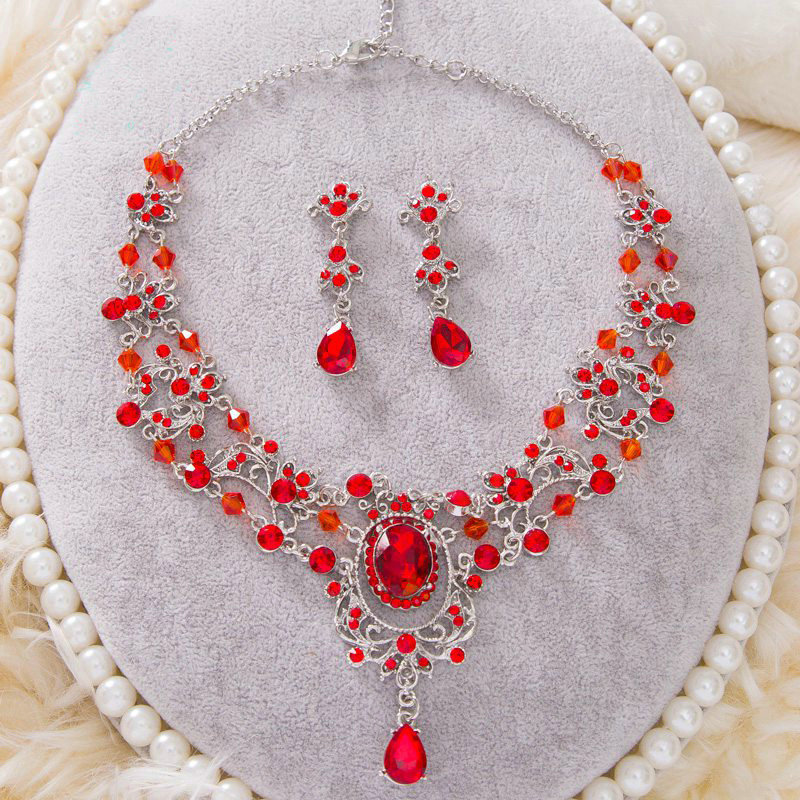 High Quality Fashion Wedding Jewelry Sets Red Crystal Gemstone Earrings & Bridal Necklace