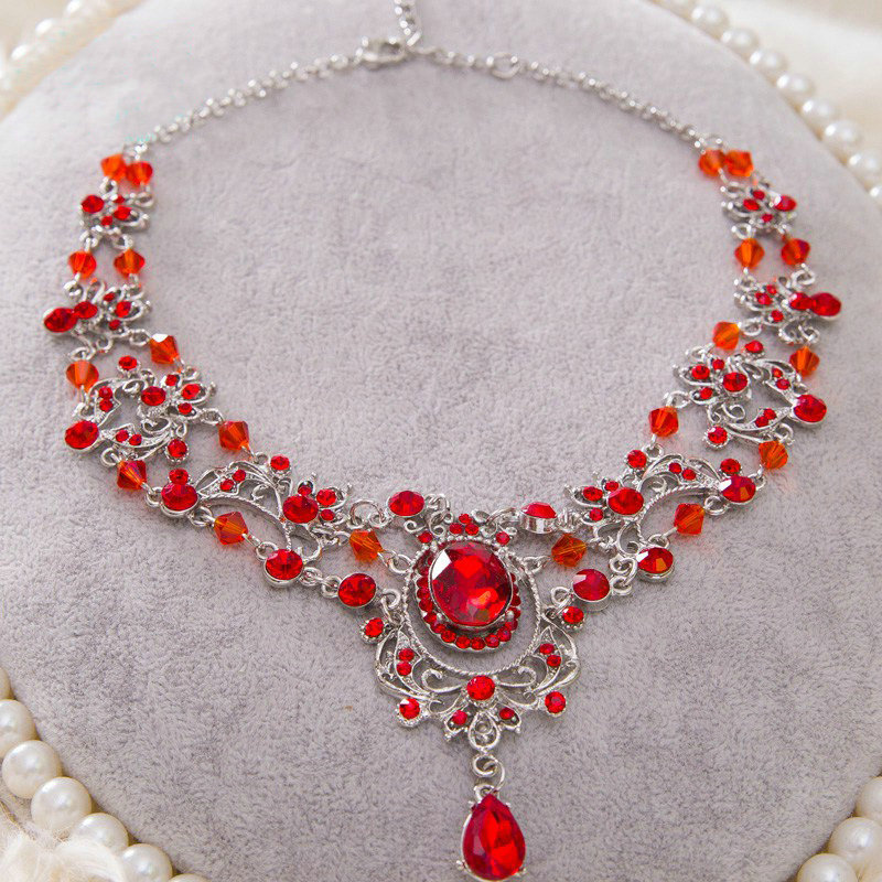High Quality Fashion Wedding Jewelry Sets Red Crystal Gemstone Earrings & Bridal Necklace