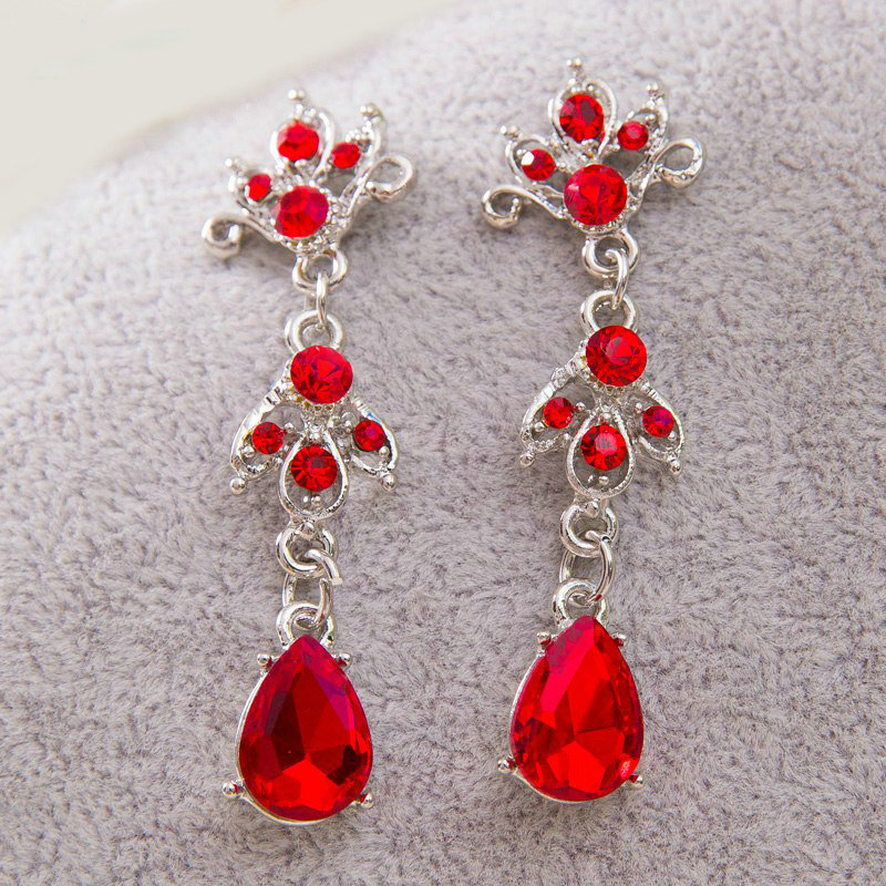 High Quality Fashion Wedding Jewelry Sets Red Crystal Gemstone Earrings & Bridal Necklace