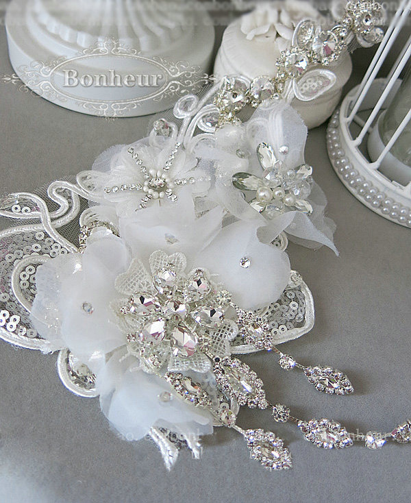 High Quality Tassel Crystal Bridal Hairwear Lace Flower Hair Headband Wedding Hair Accessories