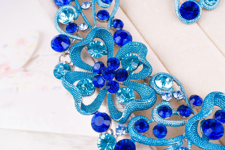 High Quality Unique Wedding Jewelry Sets Flower Blue Crystal Drop Earrings & Bridal Necklace
