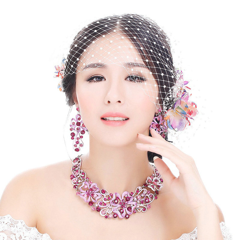 High Quality Unique Wedding Jewelry Sets Flower Purple Crystal Drop Earrings & Bridal Necklace