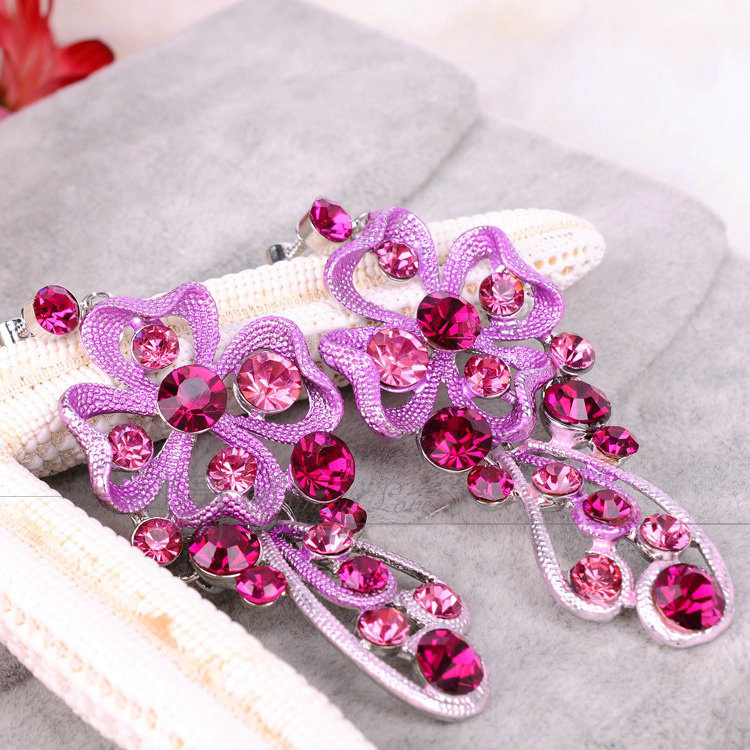 High Quality Unique Wedding Jewelry Sets Flower Purple Crystal Drop Earrings & Bridal Necklace