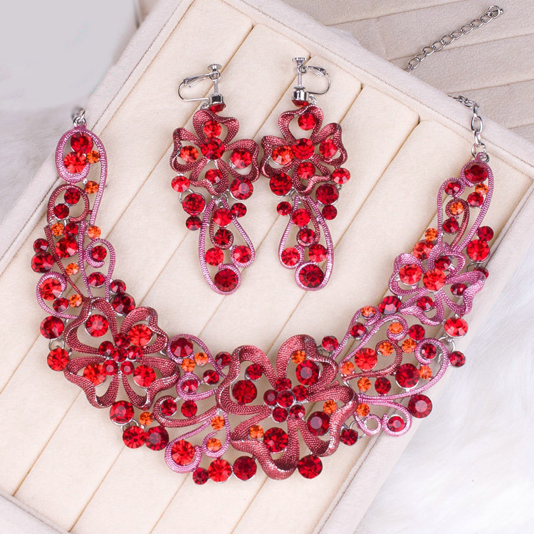 High Quality Unique Wedding Jewelry Sets Flower Red Crystal Drop Earrings & Bridal Necklace