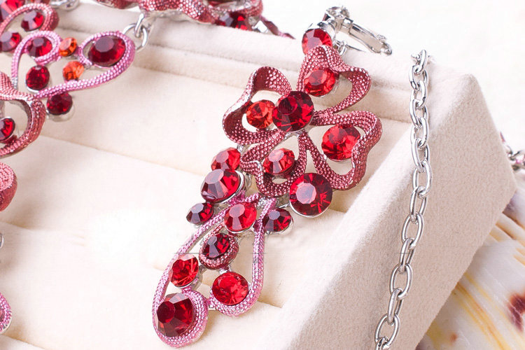 High Quality Unique Wedding Jewelry Sets Flower Red Crystal Drop Earrings & Bridal Necklace