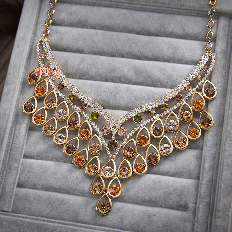 Luxurious Champagne Wedding Bridal Jewelry Elegant Crystal Necklace Earrings Sets