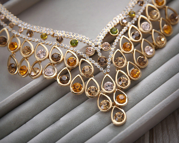 Luxurious Champagne Wedding Bridal Jewelry Elegant Crystal Necklace Earrings Sets