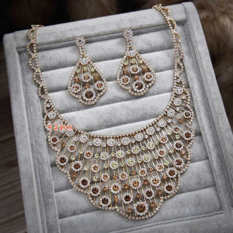 Luxurious Champagne Wedding Bridal Jewelry Fan-shaped Crystal Necklace Earrings Sets