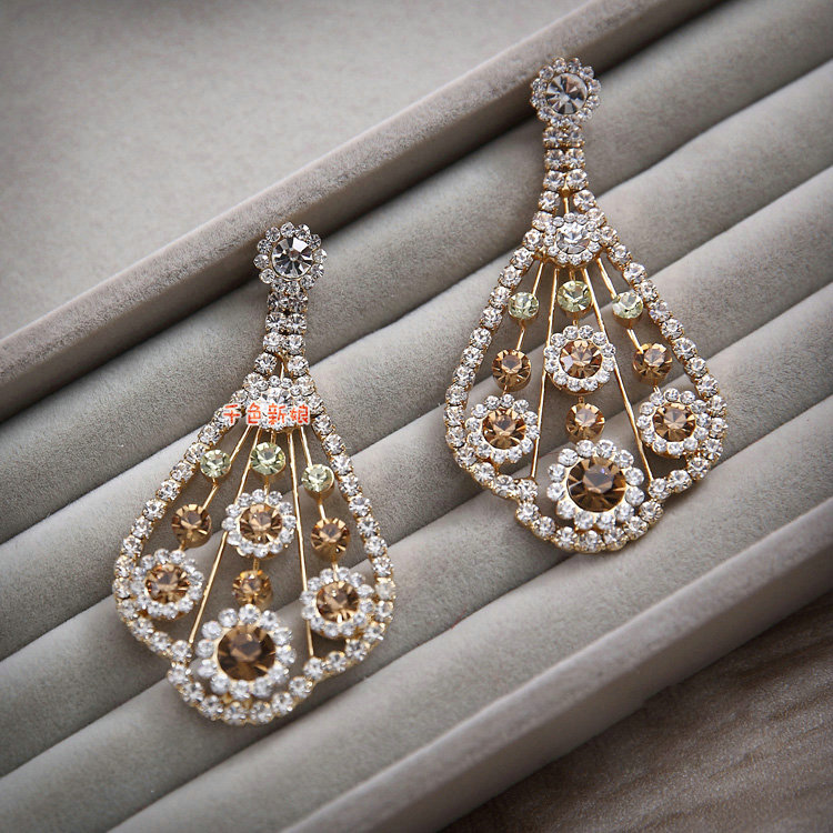 Luxurious Champagne Wedding Bridal Jewelry Fan-shaped Crystal Necklace Earrings Sets