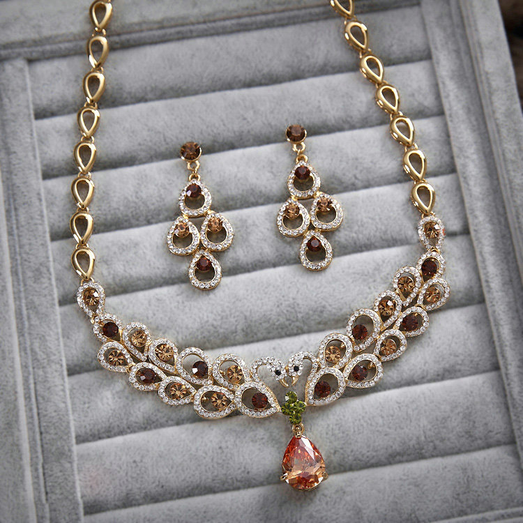 Luxurious Champagne Wedding Bridal Jewelry Water drops Crystal Necklace Earrings Sets